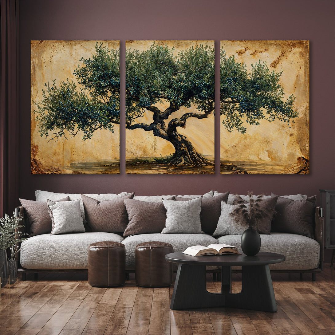 Stunning Canvas Print of an olive tree in warm, earthy tones. Perfect wall art for a cozy living room. Bring nature's beauty indoors!