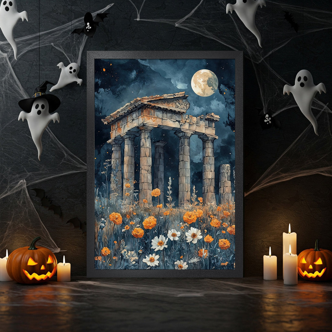 Framed Poster featuring an ancient ruin with flowers, in a watercolor style, with a dark blue and orange color palette. Perfect Halloween decor!