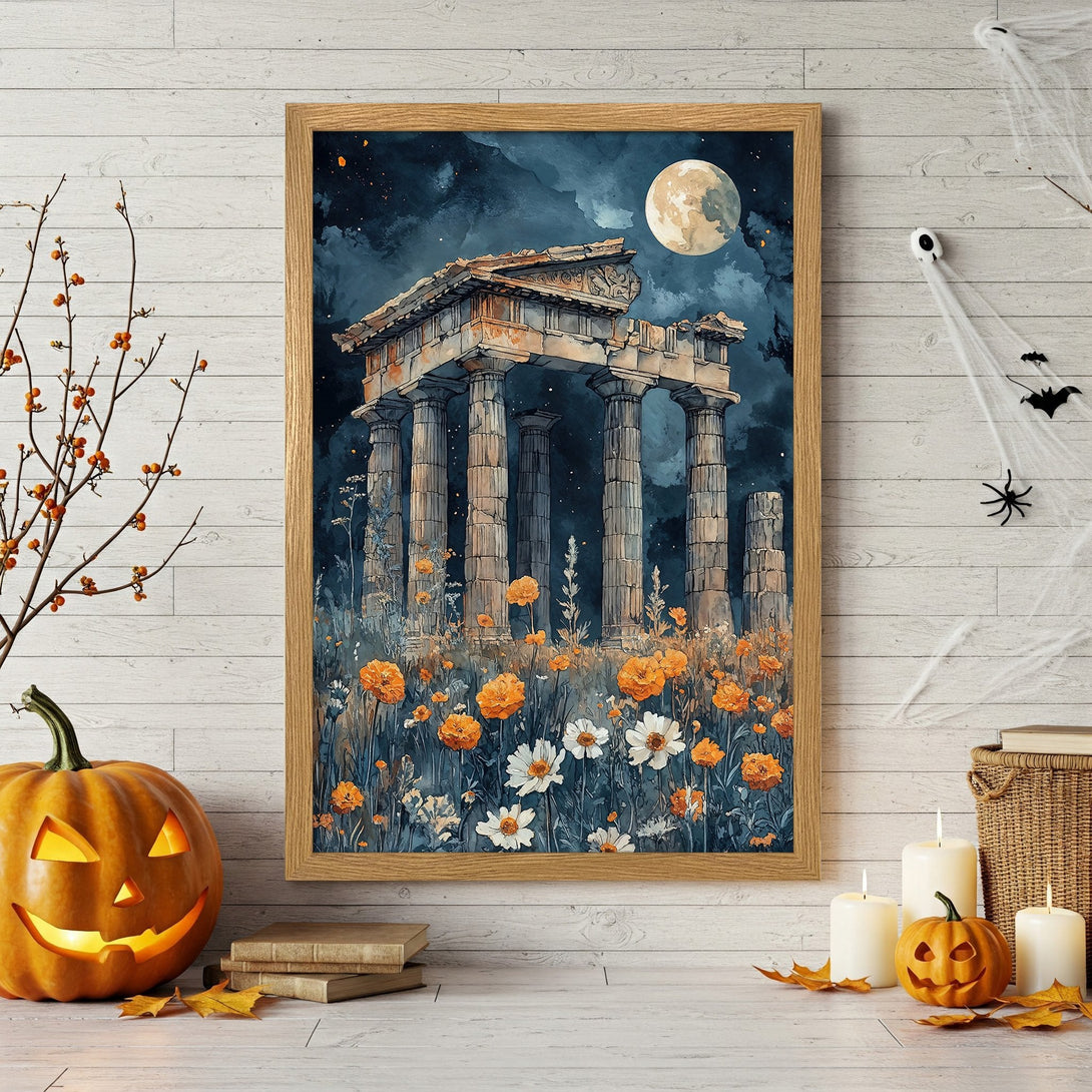Framed Poster featuring ancient ruins, watercolor style, with a dark blue, orange, and beige color palette. Perfect Halloween decor!