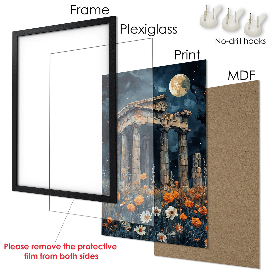 Framed Poster featuring ancient ruins, watercolor style, with a blue, orange, and beige color palette. Perfect wall art!