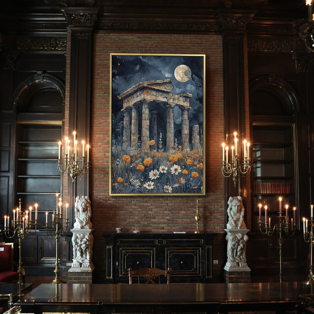 Canvas Print of ancient ruins under a night sky. Watercolor style, moody blue and orange palette. Perfect for Halloween decor.
