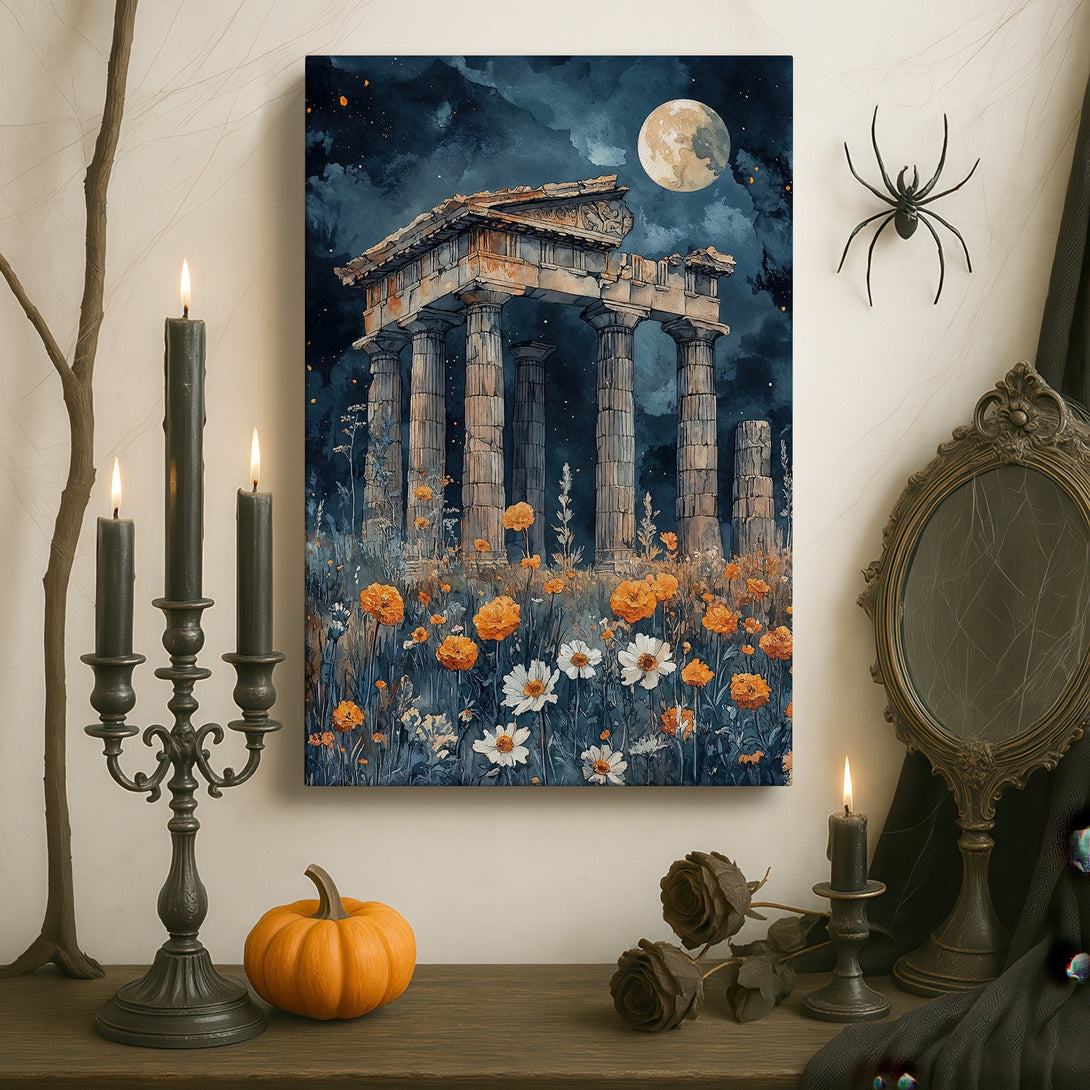 Framed Wall Art: Ancient Greek ruins under a moonlit sky. Watercolor style with a blue, gold, and earthy color palette. Perfect for adding a touch of elegance.