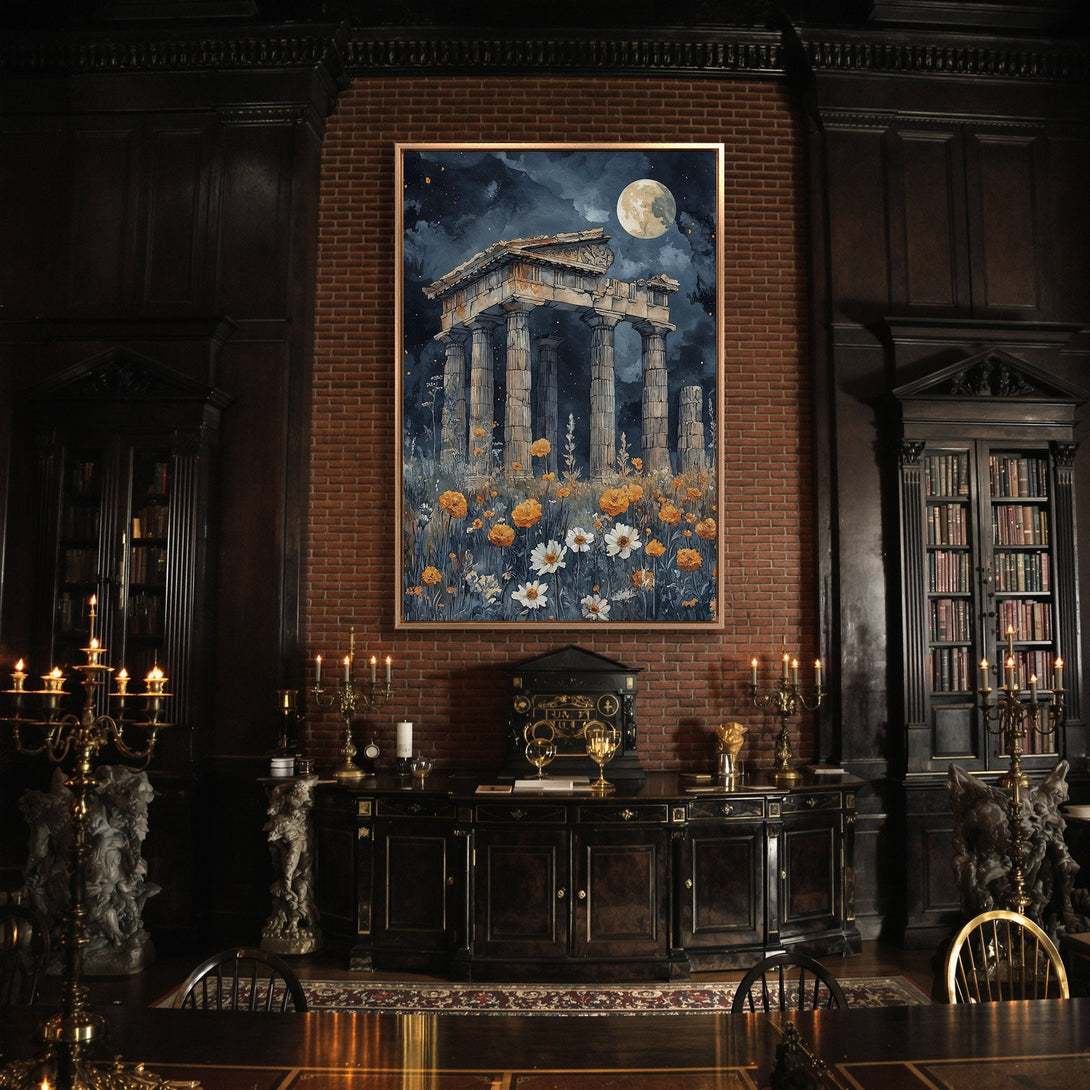 Framed Wall Art: Ancient ruins under a moonlit sky. Watercolor style with a moody, dark blue and gold color palette. Perfect for adding a touch of history.