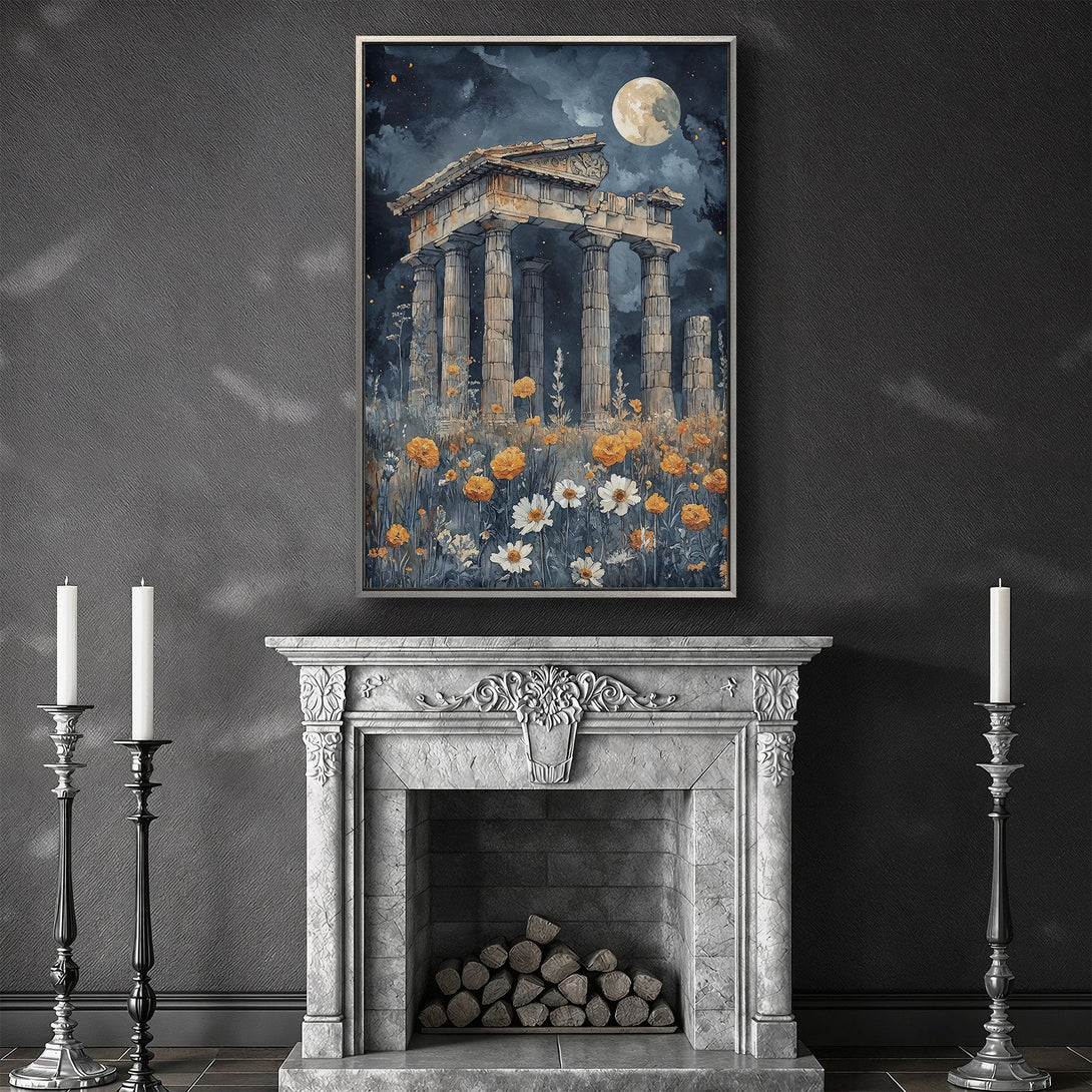 Framed Wall Art featuring a watercolor painting of ancient ruins under a moonlit sky. Evokes a serene atmosphere with a blue and gold color palette. Perfect for home decor.