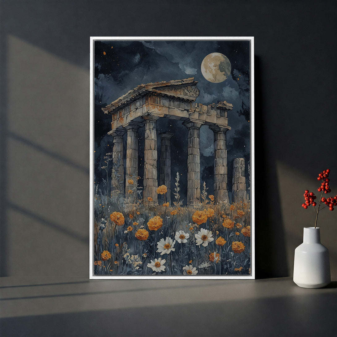 Framed Wall Art: Watercolor painting of ancient ruins under a moonlit sky. Features a dark blue, yellow, and grey color palette, perfect for adding a touch of elegance.