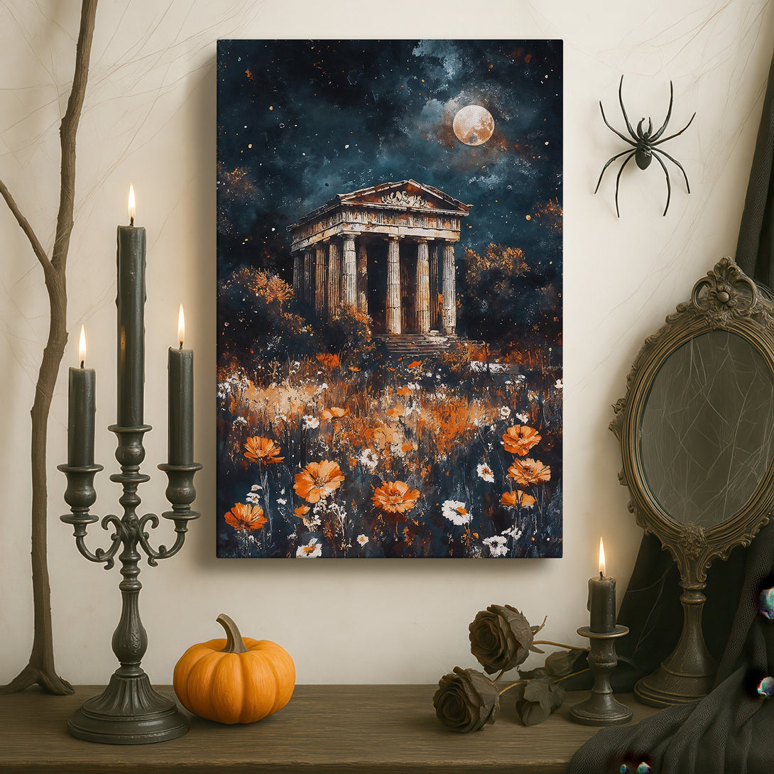Framed Wall Art: Dramatic landscape Canvas Print. Ancient temple under a starry night sky, warm orange and dark blue color palette. Perfect for any room.