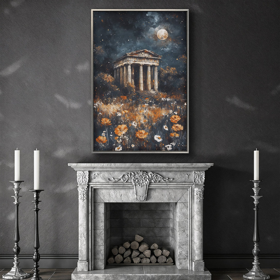 Framed Wall Art of an ancient temple under a moonlit sky. Dramatic painting in a dark, moody color palette with orange and gold accents. Perfect wall decor.