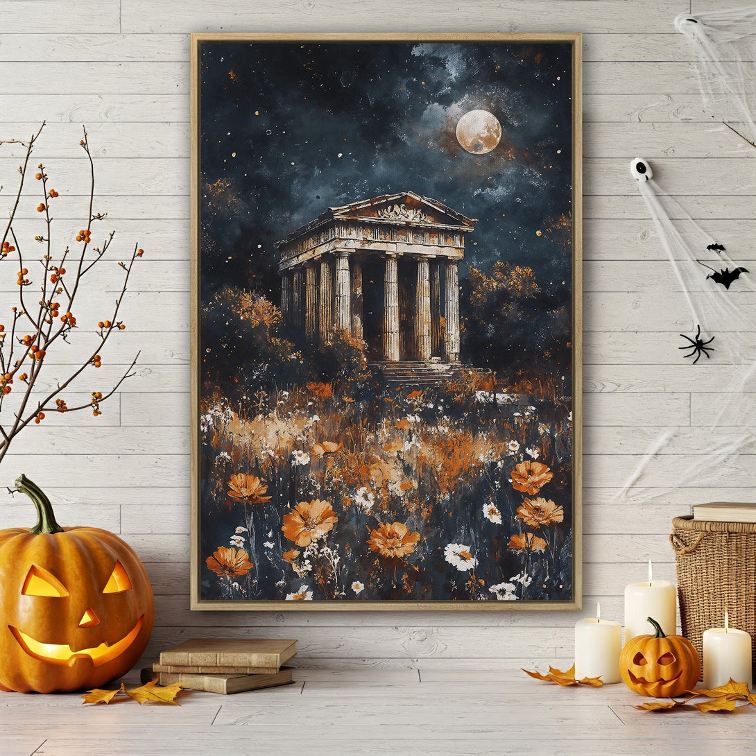 Framed Wall Art: Spooky temple scene in a watercolor style with a dark, moody color palette. Perfect Halloween decor with a touch of elegance.