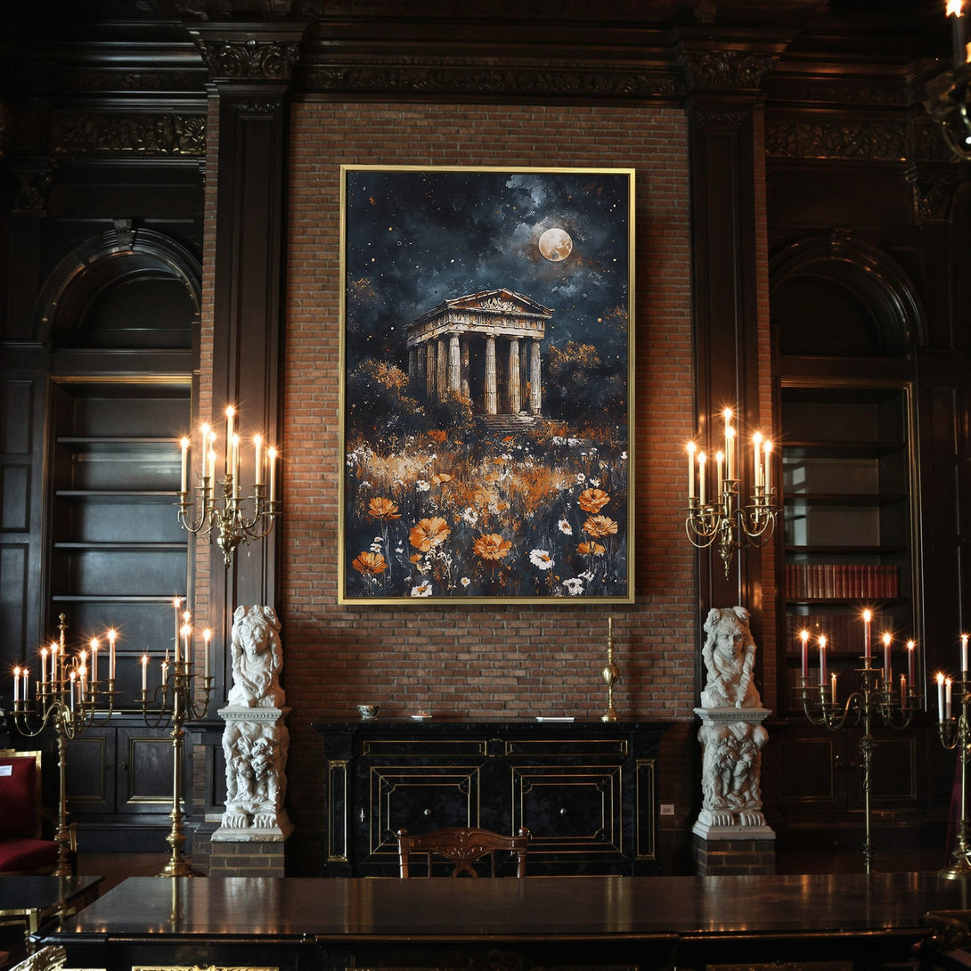 Canvas Print of an ancient temple under a starry night sky, featuring orange and dark blue tones. Perfect for adding a touch of art to your home!