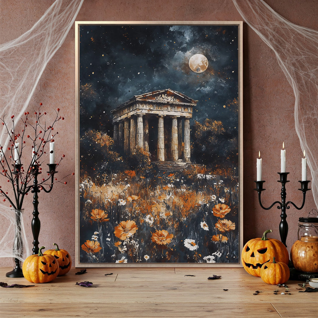 Framed Wall Art: Dramatic painting of a temple under a moonlit sky. Dark blue and orange color palette, perfect for Halloween decor. Add a touch of mystery.