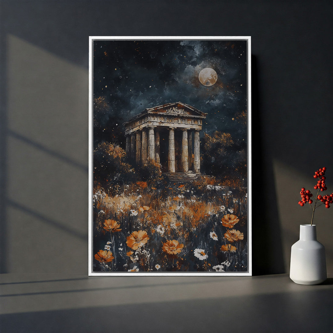 Framed Wall Art featuring a classical temple under a moonlit sky in a painterly style. Warm orange and dark blue color palette. Perfect for any home decor.