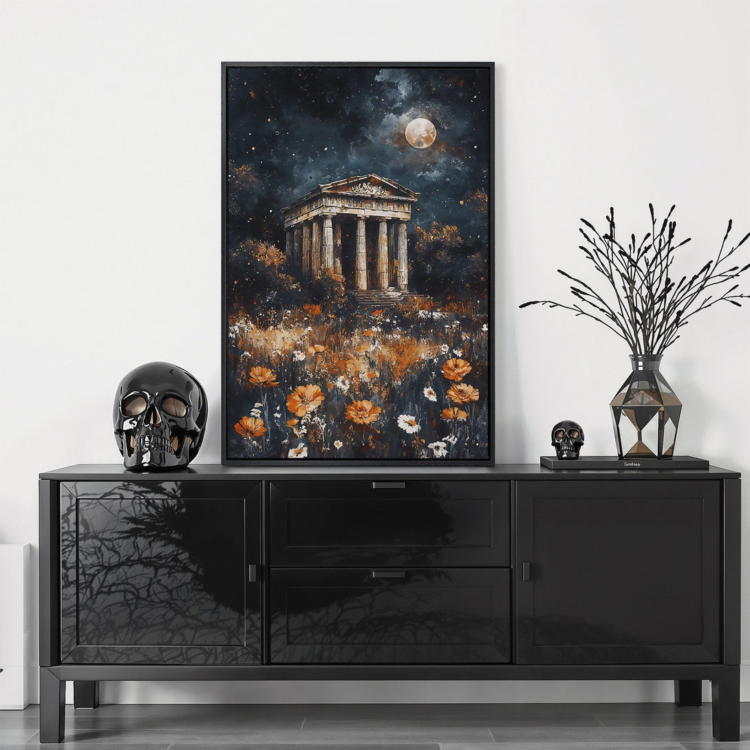 Framed Wall Art featuring a classical temple under a night sky with a warm, orange and dark blue color palette. Perfect for adding a touch of elegance.