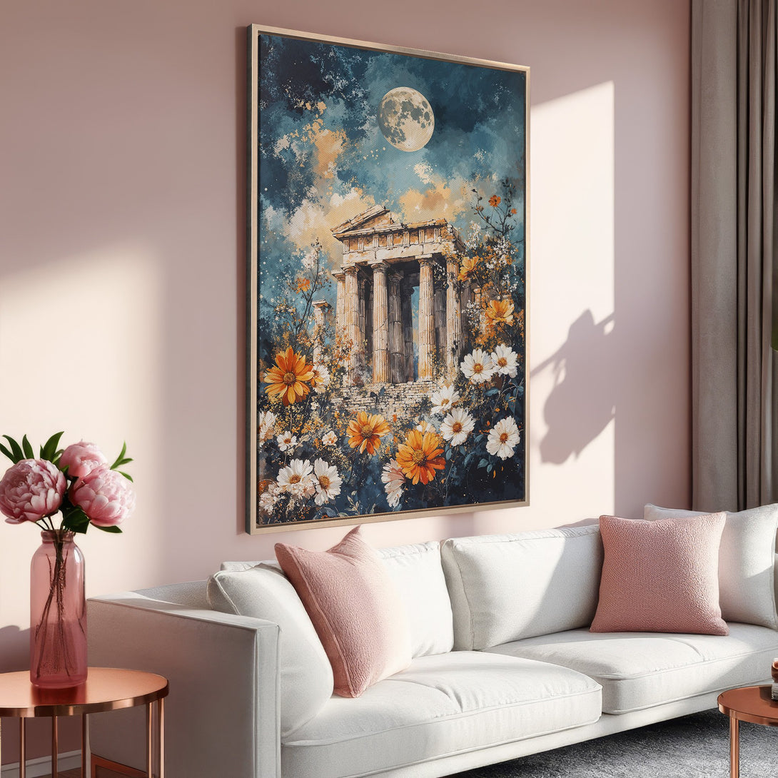 Framed Wall Art: Watercolor painting of ancient ruins and flowers, with a moonlit sky. Features a warm, inviting color palette with blues, oranges, and pinks.