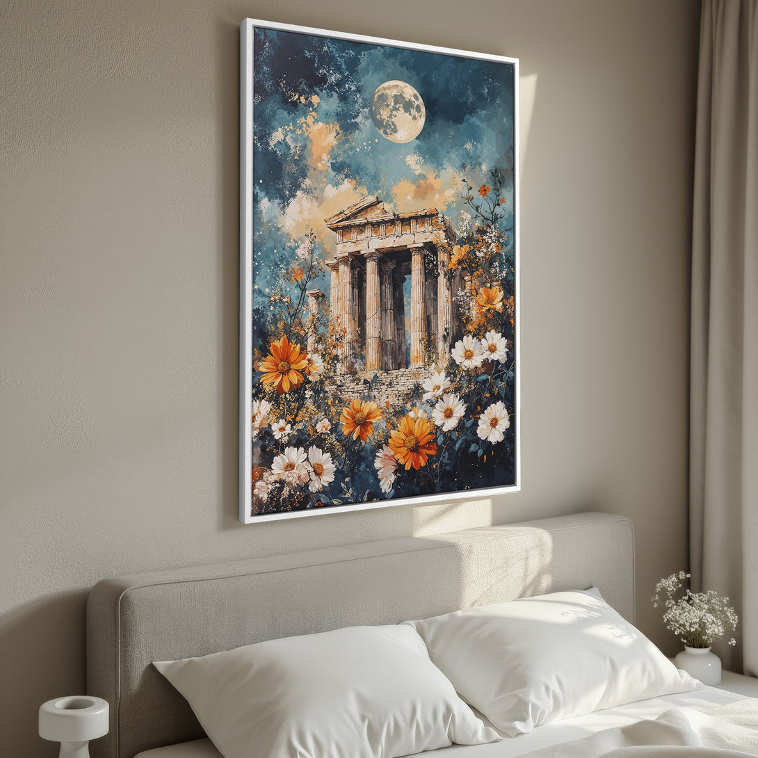 Framed Wall Art featuring a classical temple scene with flowers, moonlit sky, and a blue, orange, and white color palette. Perfect for bedroom decor.