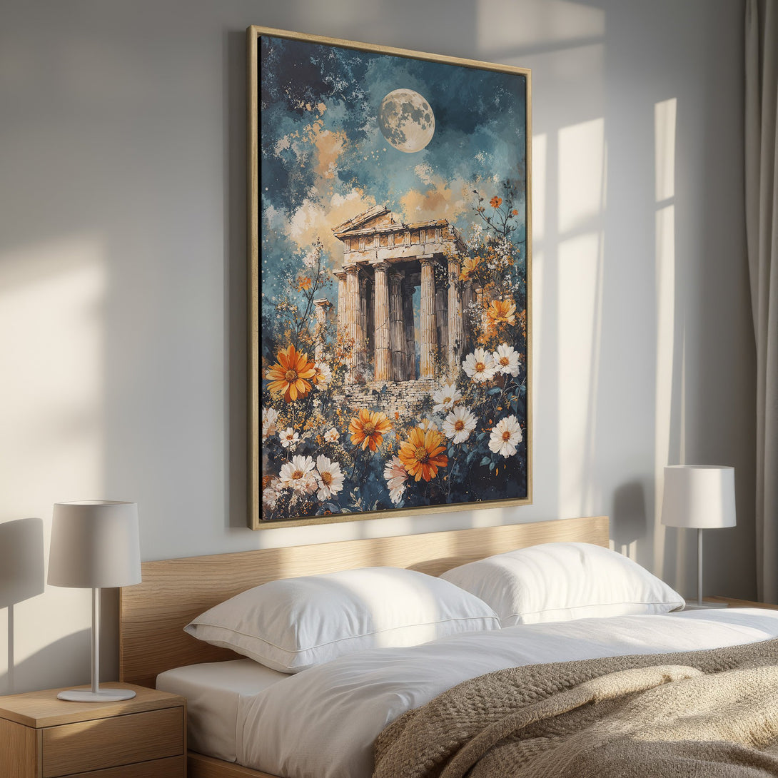 Framed Wall Art featuring a classical temple with flowers, in a dreamy, painterly style. Blue, gold, and white color palette adds elegance to any room.