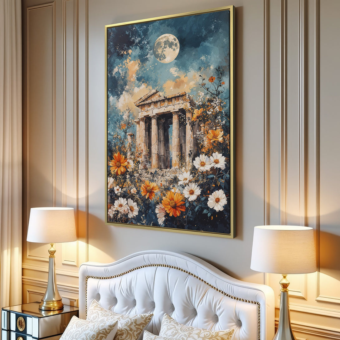 Canvas Print of a classical temple with flowers under a moonlit sky. Artistic style with blue, orange, and white color palette. Perfect wall decor!