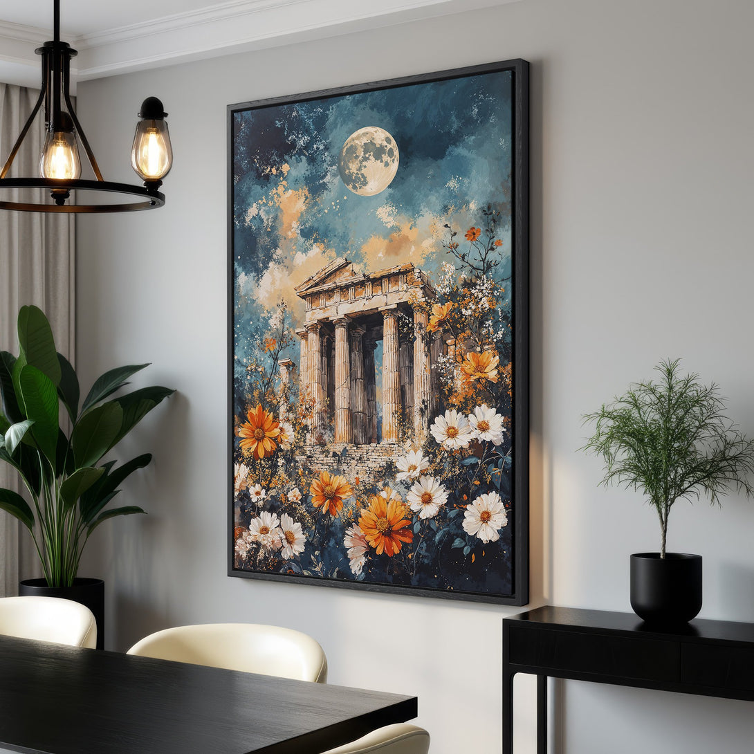 Framed Wall Art featuring a classical temple under a moonlit sky, with vibrant orange and white flowers. A stunning art print for your home decor!