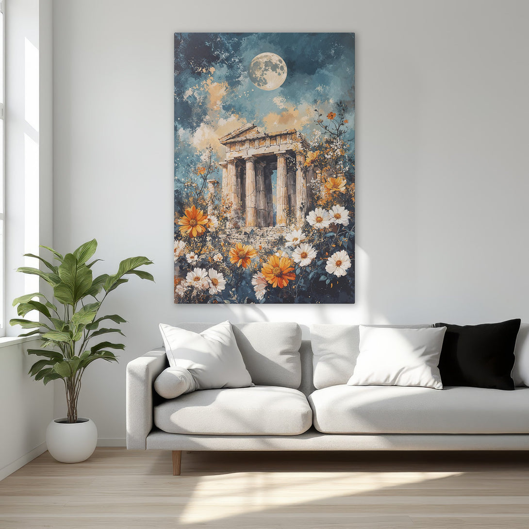 Framed Wall Art featuring a classical temple scene with a moonlit sky, warm orange and blue color palette, perfect for bedroom decor.