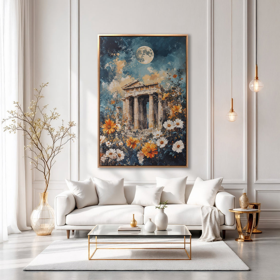 Framed Wall Art featuring a classic temple scene with flowers, set in a modern interior. Beautiful blue, gold, and white color palette for elegant home decor.