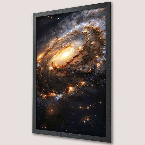 Framed Poster of a galaxy in space. Stunning cosmic art print with warm orange and dark blue tones. Perfect wall decor.