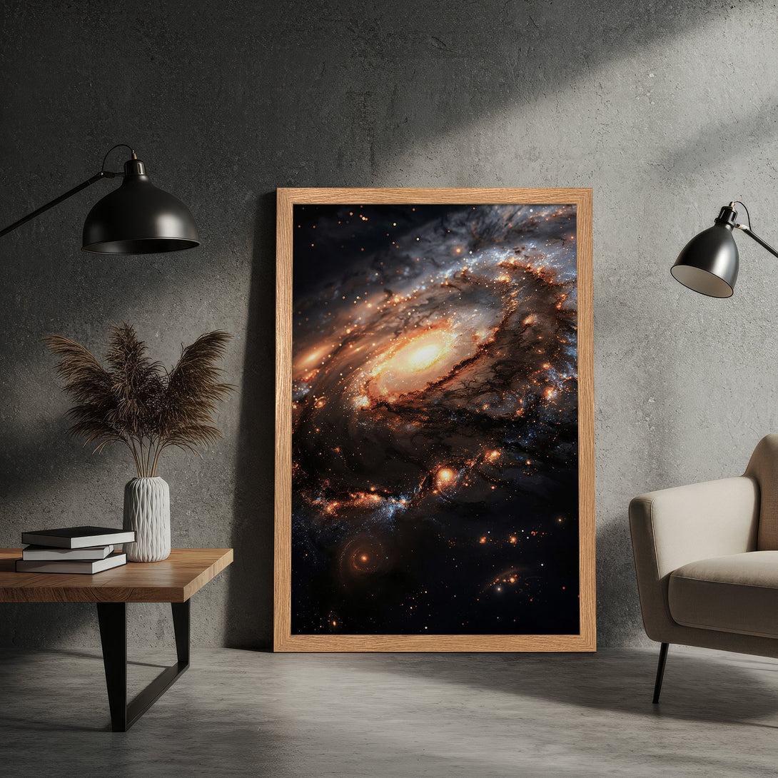 Framed Poster featuring a stunning galaxy image. Modern style with a dark, warm color palette. Perfect wall art for any space.