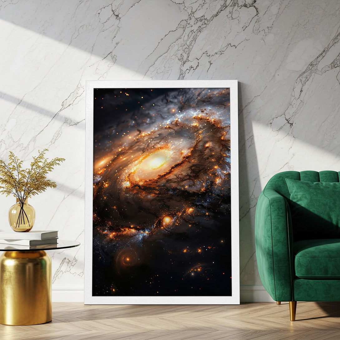 Framed Poster of a galaxy in warm tones. Modern art for home decor. Explore the universe with this stunning poster!
