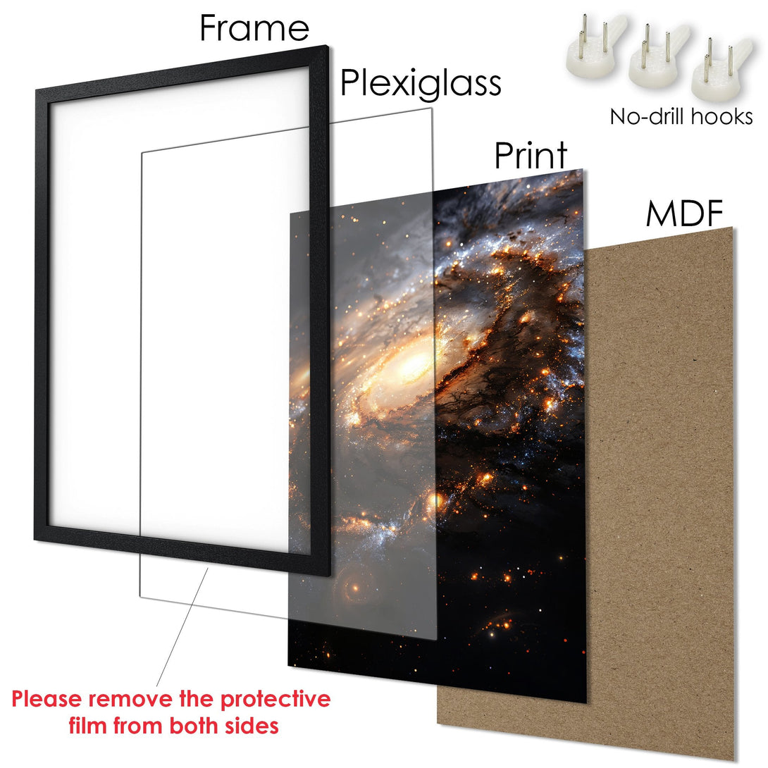 Framed Poster showcasing a galaxy design. Features a black frame, celestial colors, and a stunning space art print. Perfect wall decor!