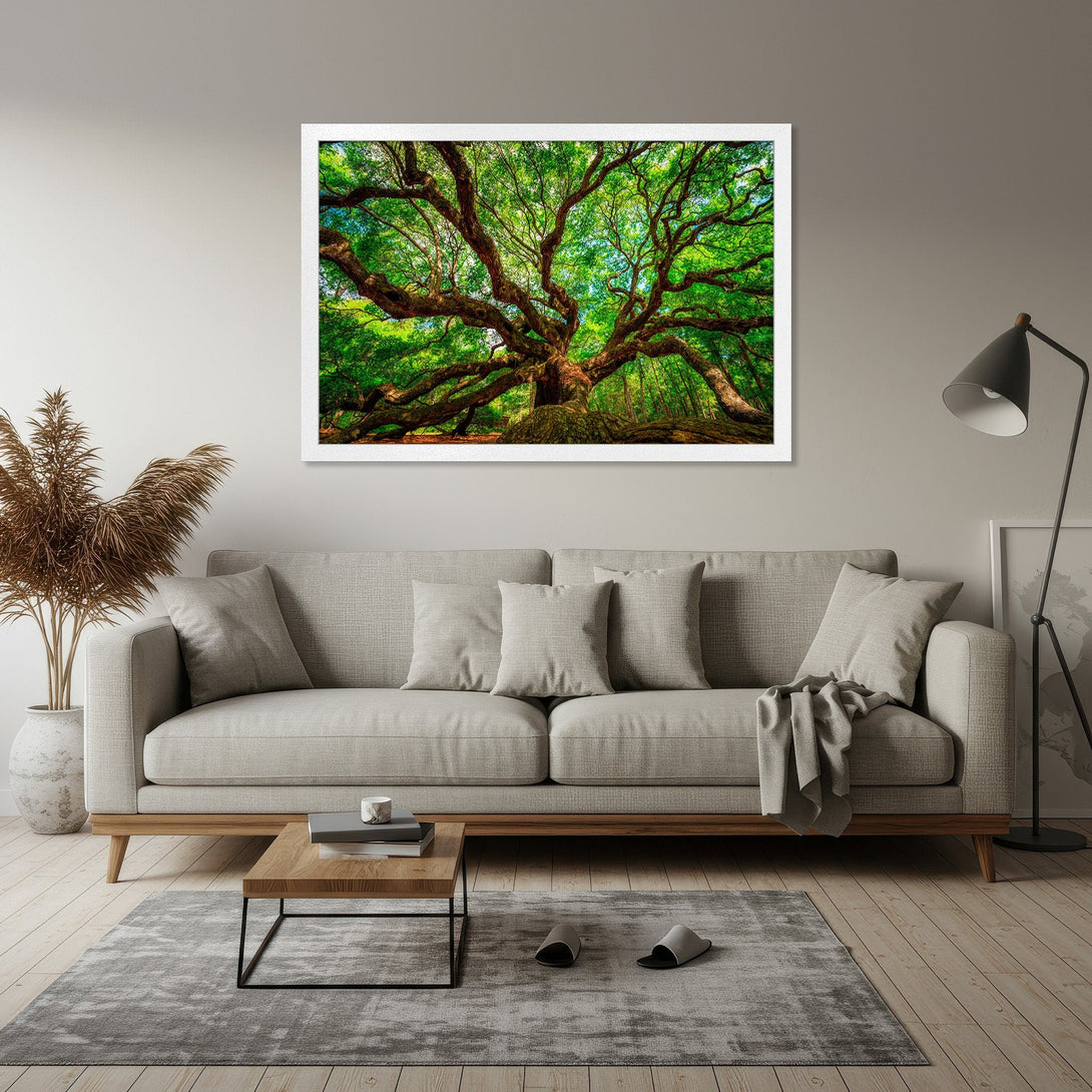 Framed Poster of a majestic tree in a forest. Earthy tones of green and brown, nature-inspired art for your home.