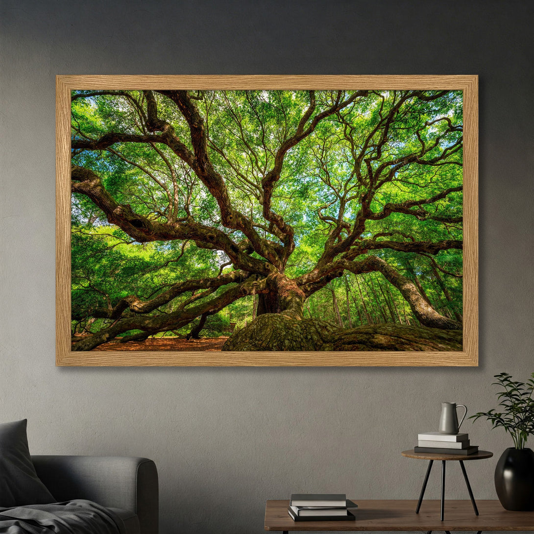 Framed Poster of a majestic tree with vibrant green foliage. Nature-inspired art in a warm, earthy color palette. Enhance your space!