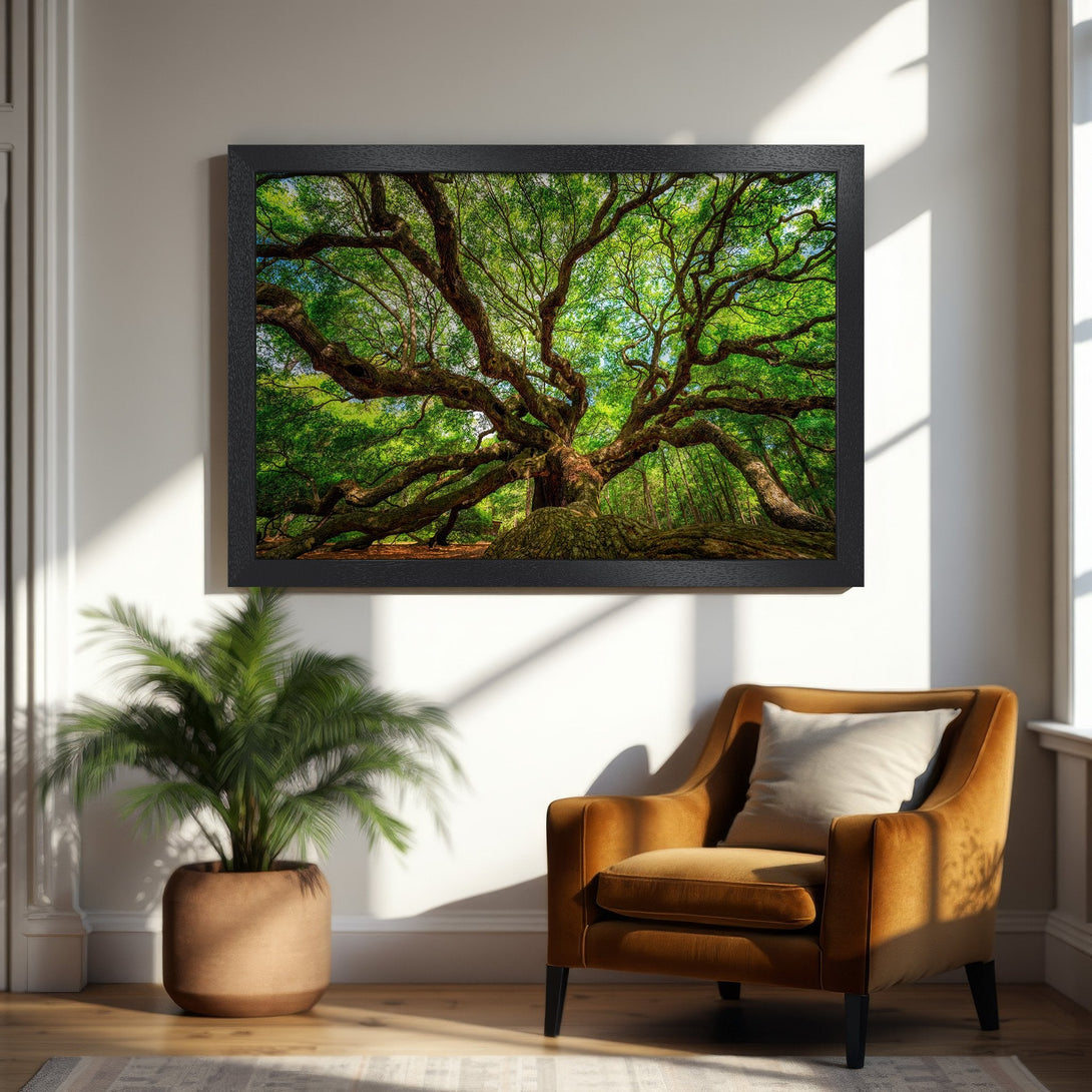Framed Poster of majestic tree with green foliage, natural style, earthy tones. Bring nature's beauty indoors!