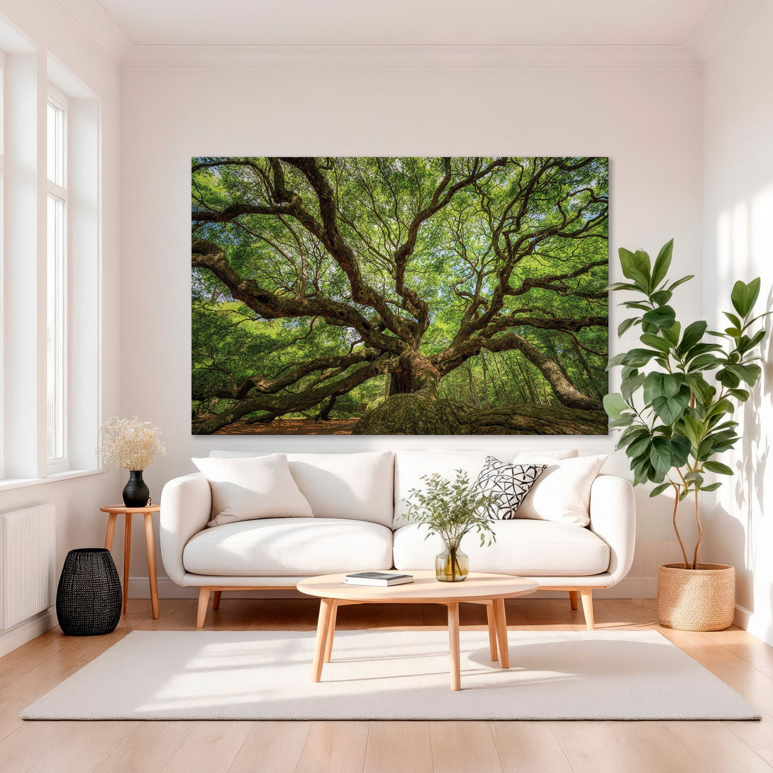 Framed Wall Art: Majestic tree canvas print with lush green foliage and a golden frame. Perfect for adding natural beauty to any interior.