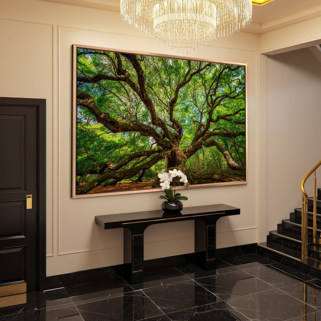 Framed Wall Art of a majestic tree in lush green tones. Adds a touch of nature to any interior. Shop our Canvas Print collection today!