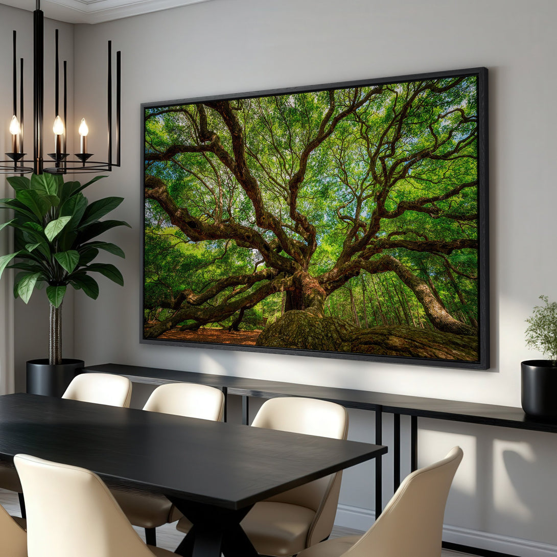Framed Wall Art: Majestic tree art print with vibrant green and brown hues. Bring nature's beauty into your home with this stunning canvas print.
