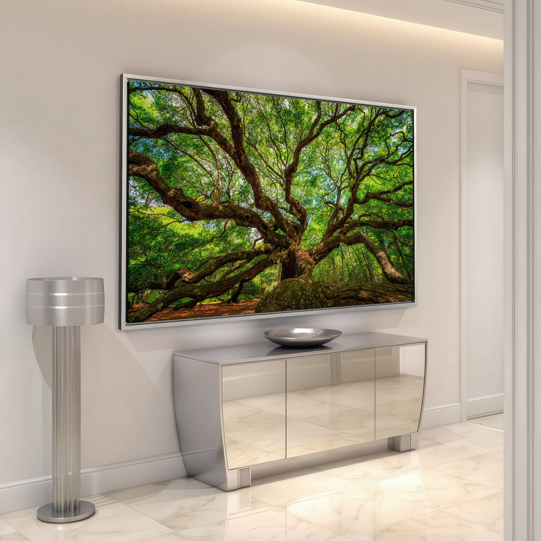 Framed Wall Art featuring a majestic tree in a lush green and brown color palette. Perfect for adding nature-inspired decor to your space.