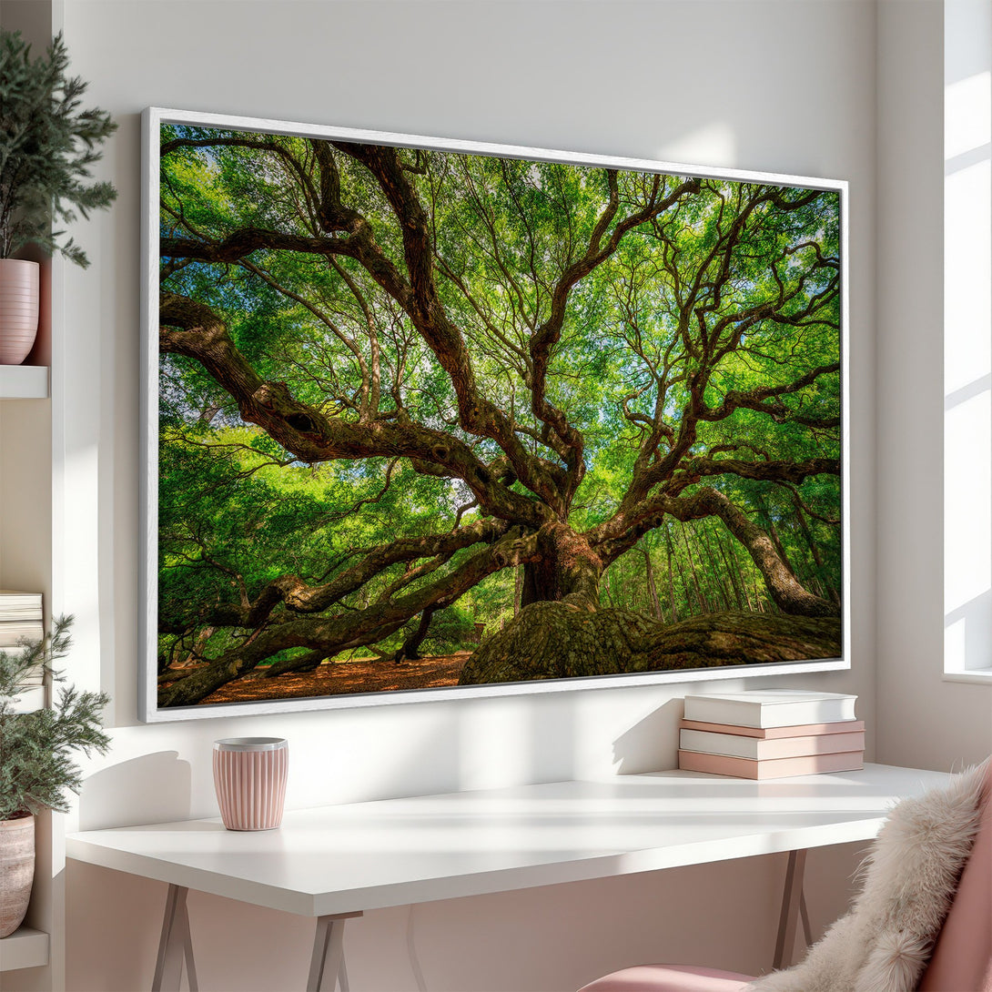 Framed Wall Art: Majestic tree canvas print with vibrant green and brown tones. Bring nature's beauty indoors with this stunning artwork!