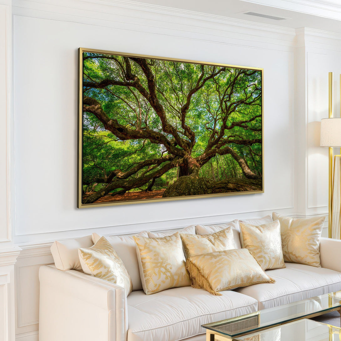 Canvas Print of a majestic tree in a living room. Earthy tones and vibrant greens create a calming nature-inspired aesthetic.