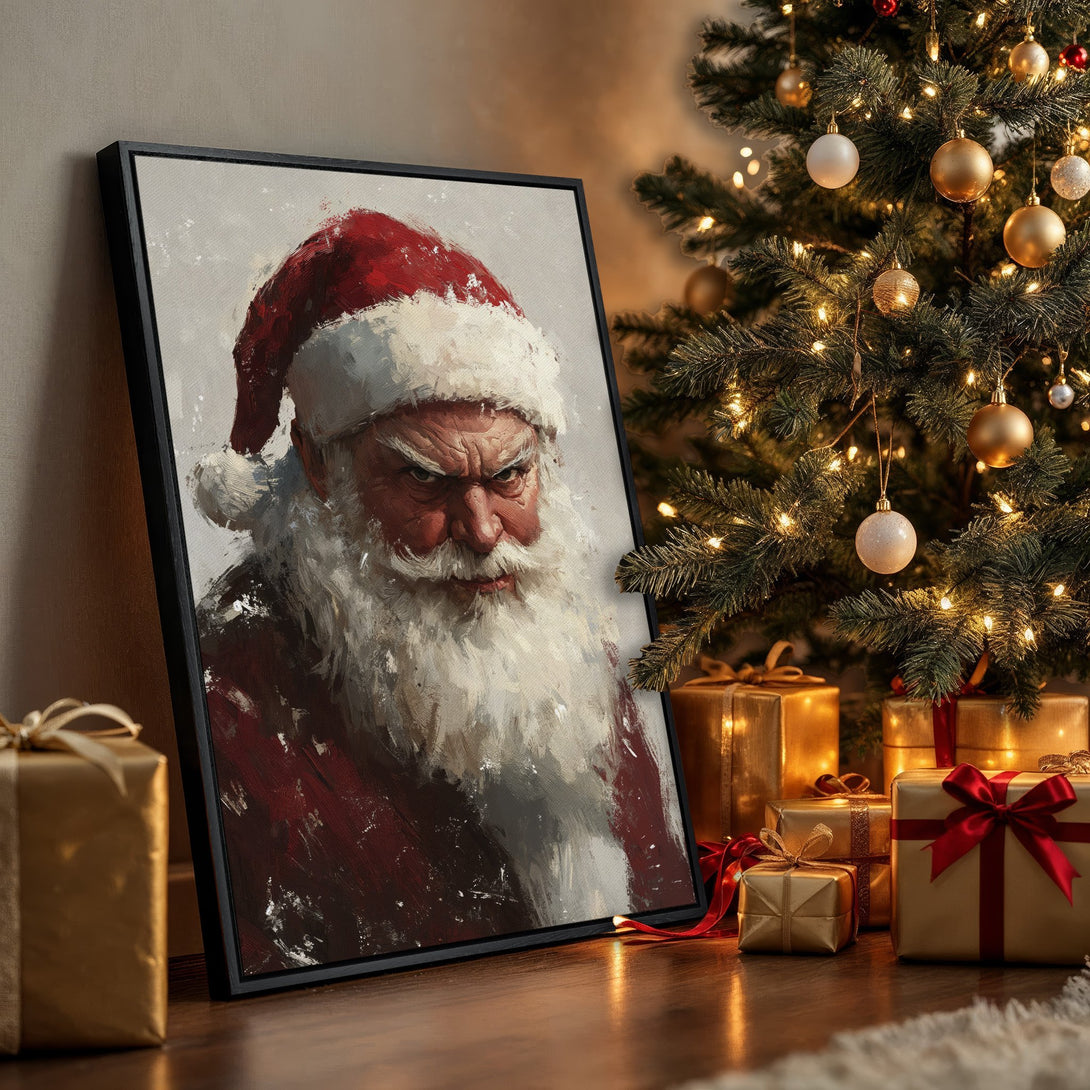 Framed Wall Art: Grumpy Santa portrait in red & white, displayed in a Christmas setting. Perfect holiday decor!