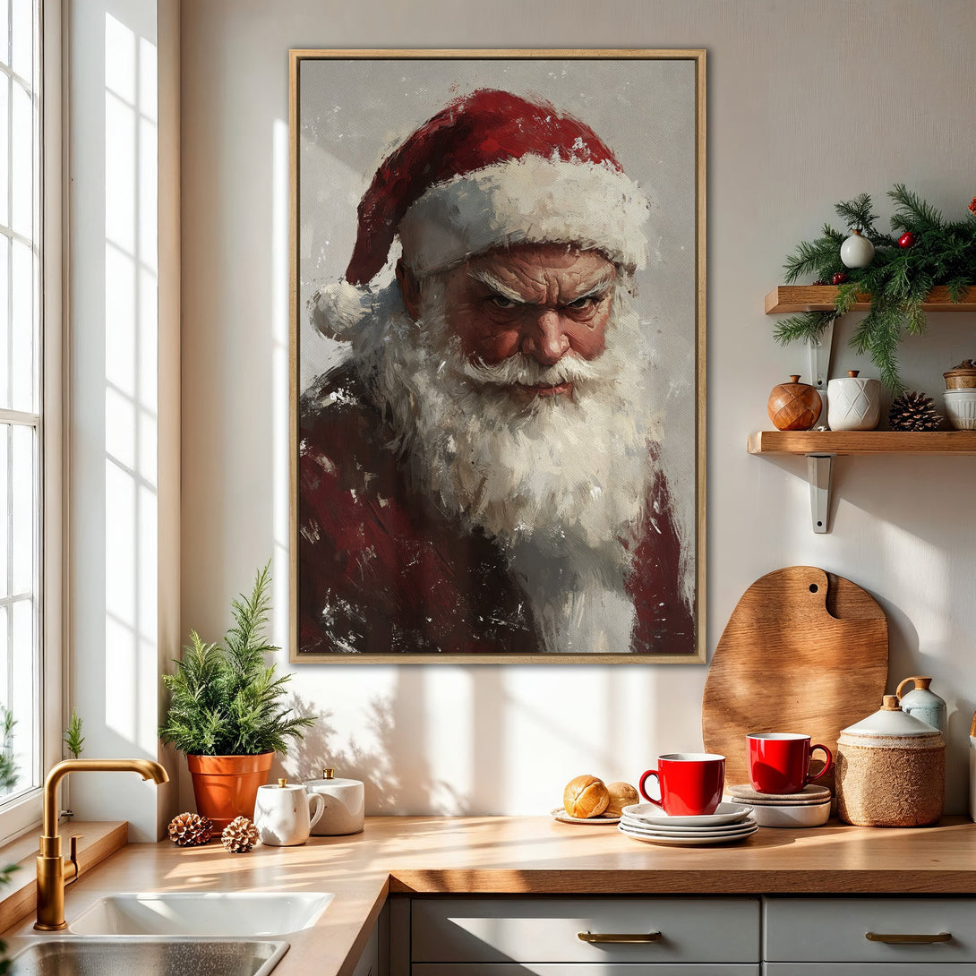 Framed Wall Art: Grumpy Santa portrait in red & white, perfect for Christmas decor. Rustic style, neutral background, adds holiday charm to any room.