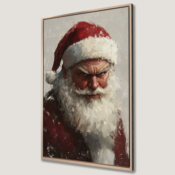Framed Wall Art: Grumpy Santa Claus portrait in a painterly style with red, white, and gray hues. Perfect Christmas decor!