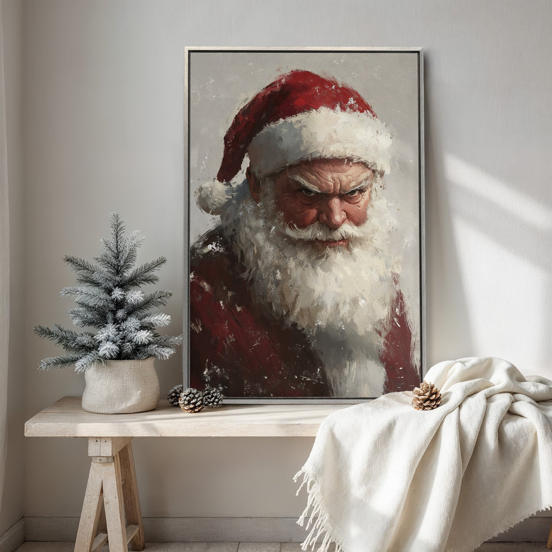 Framed Wall Art: Grumpy Santa Claus portrait in a painterly style. Red, white, and gray color palette perfect for Christmas decor.