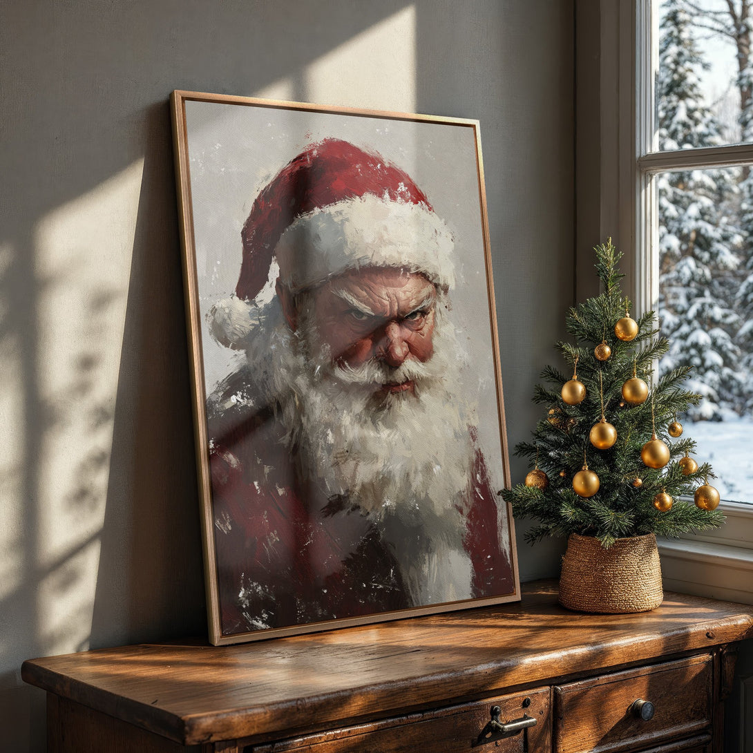 Framed Wall Art: Grumpy Santa portrait in red and white, displayed in a cozy interior. Perfect Christmas decor with a unique, artistic style.