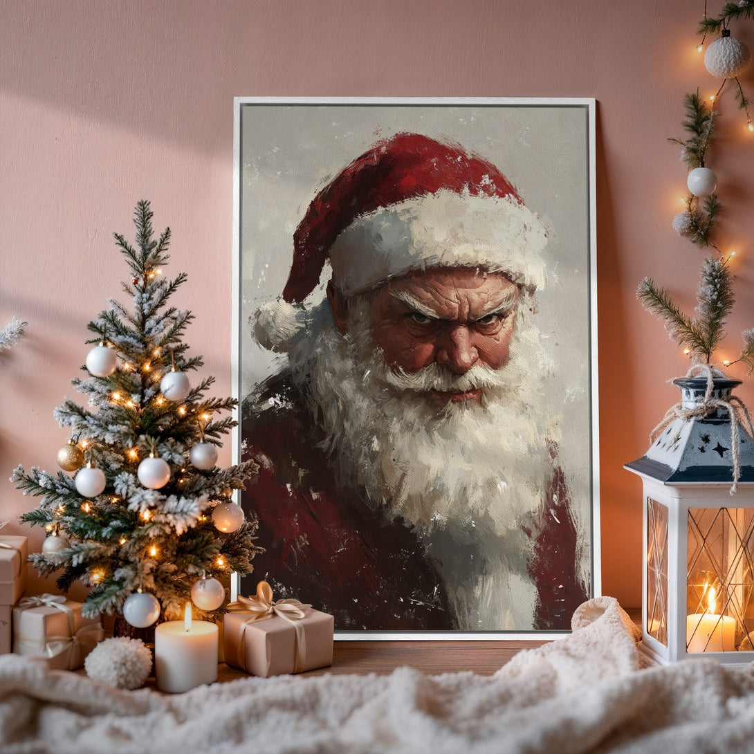 Framed Wall Art: Grumpy Santa portrait in red & white. Perfect Christmas decor! Enhance your space with this unique Canvas Print.