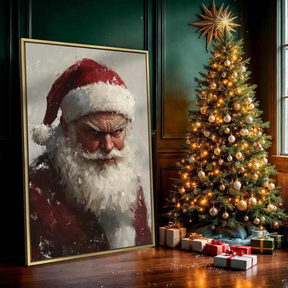 Canvas Print of a stern Santa Claus in a painterly style, featuring a red and white color palette, perfect for holiday decor.