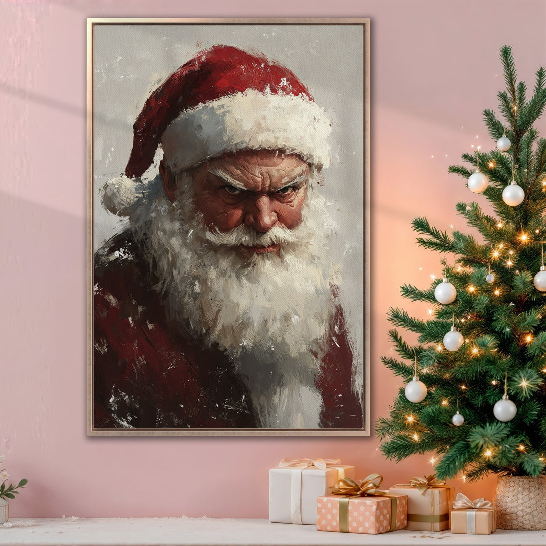 Framed Wall Art: Grumpy Santa portrait in red & white, a unique Christmas canvas print. Perfect holiday decor, adding a bold, artistic touch to your space.