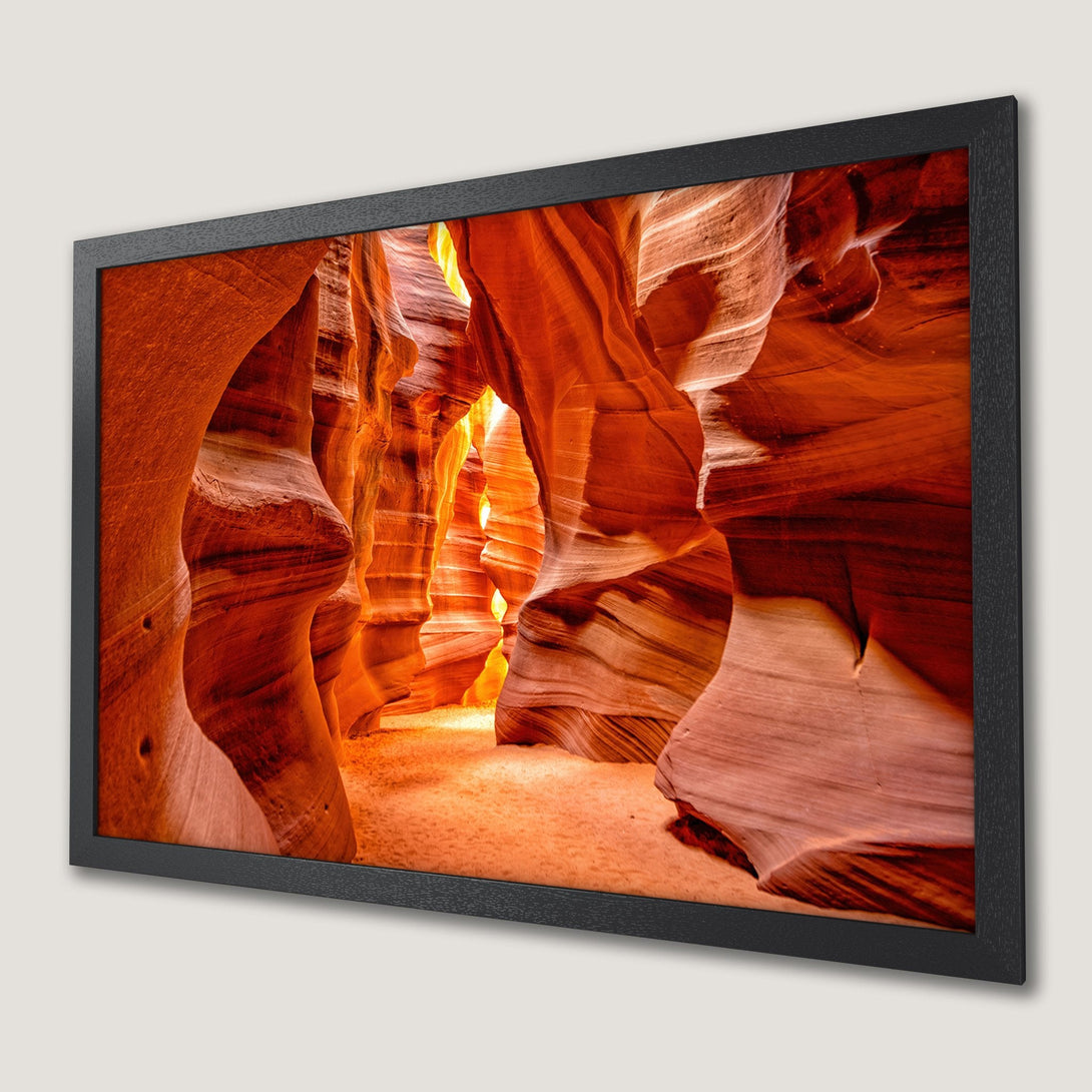Framed Poster of Antelope Canyon, vibrant orange and red hues, perfect for home decor.