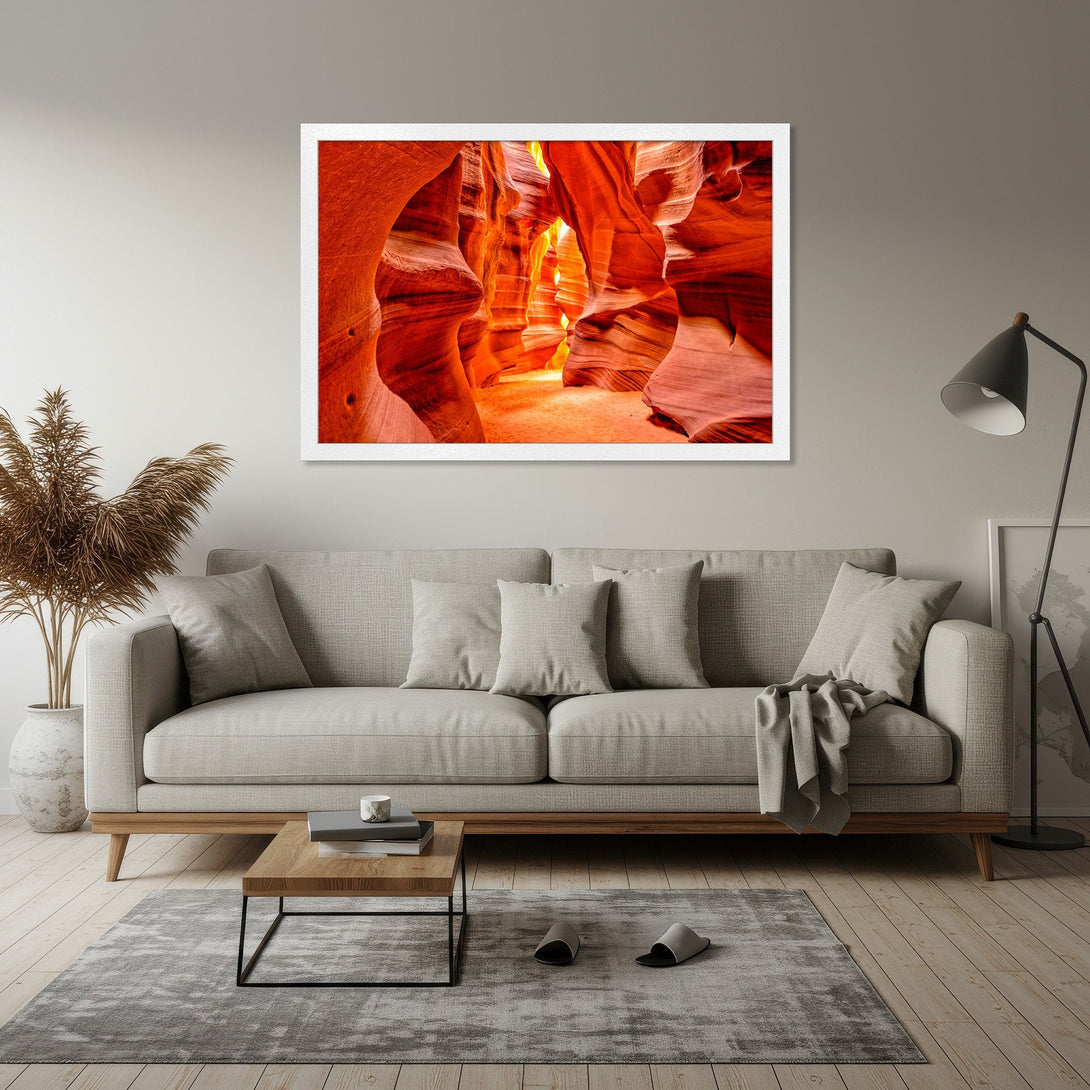 Framed Poster of Antelope Canyon in vibrant orange hues, perfect wall art for a modern home.