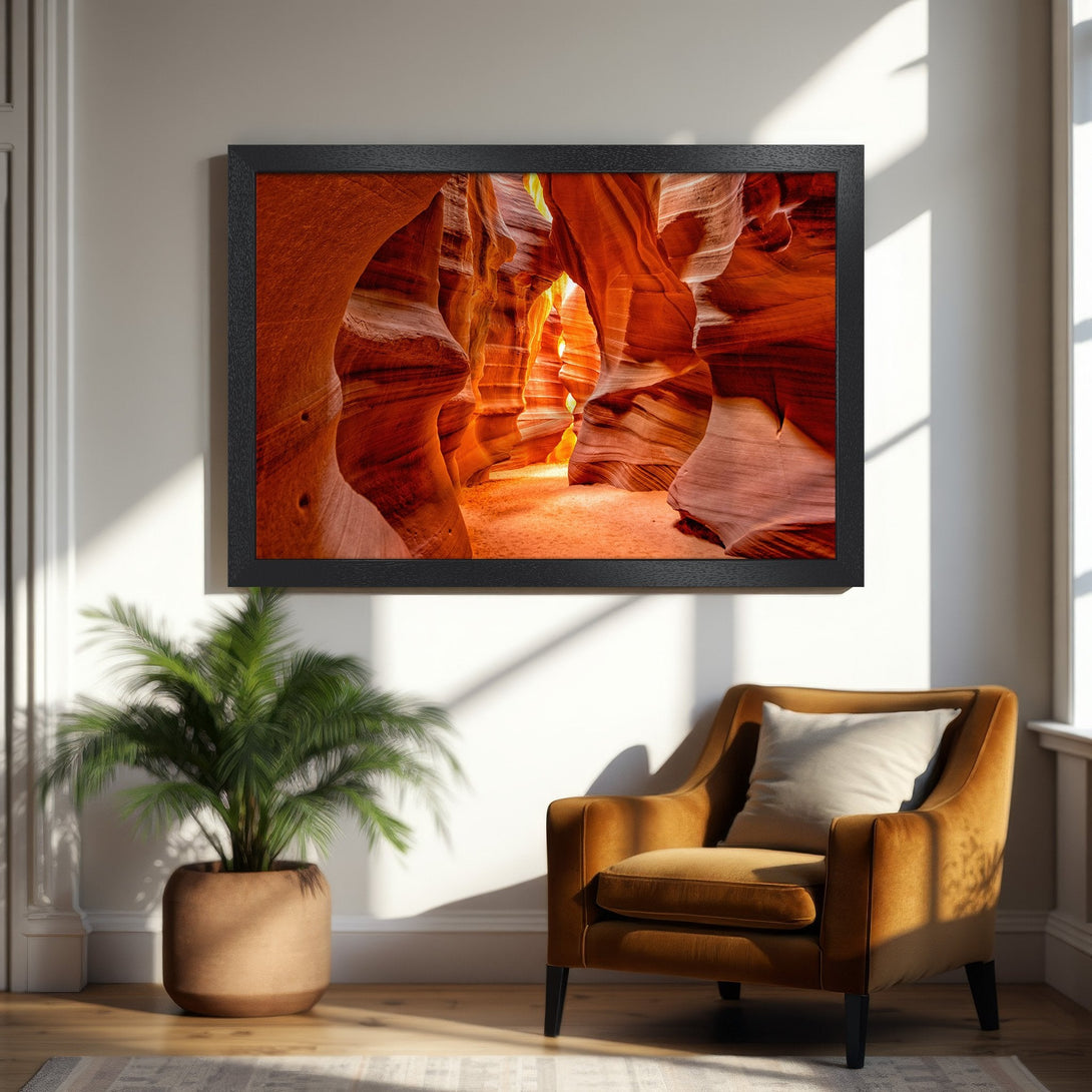 Framed Poster of Antelope Canyon. Stunning landscape art in warm orange tones. Perfect wall decor for any home.