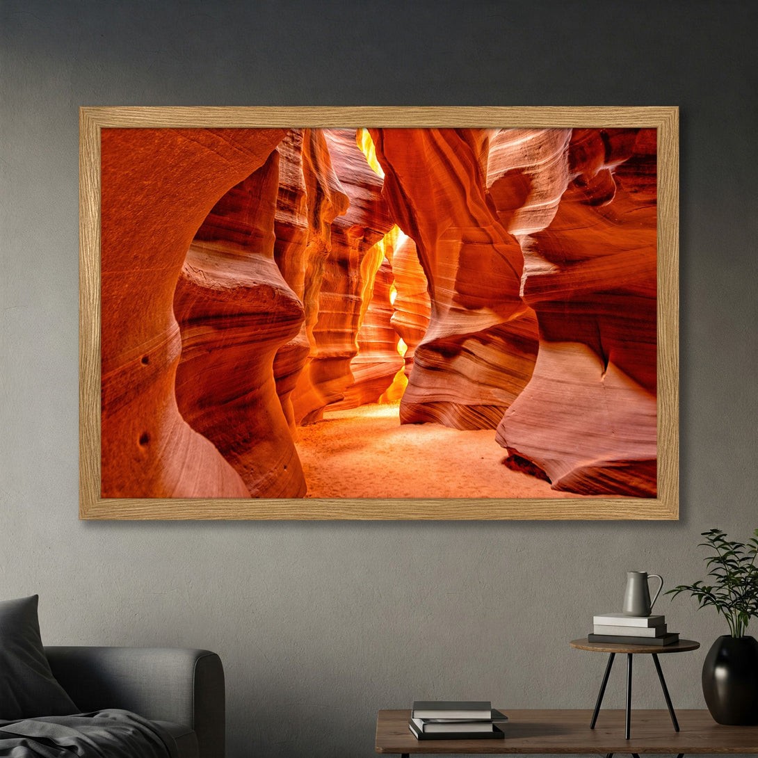 Framed Poster of Antelope Canyon. Stunning landscape art in warm red and orange tones. Perfect wall decor for any space.