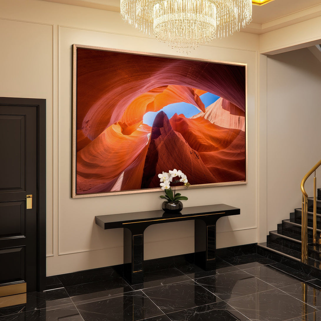 Framed Wall Art: Stunning desert canyon landscape in warm orange and red hues. Elevate your space with this vibrant, modern Canvas Print.