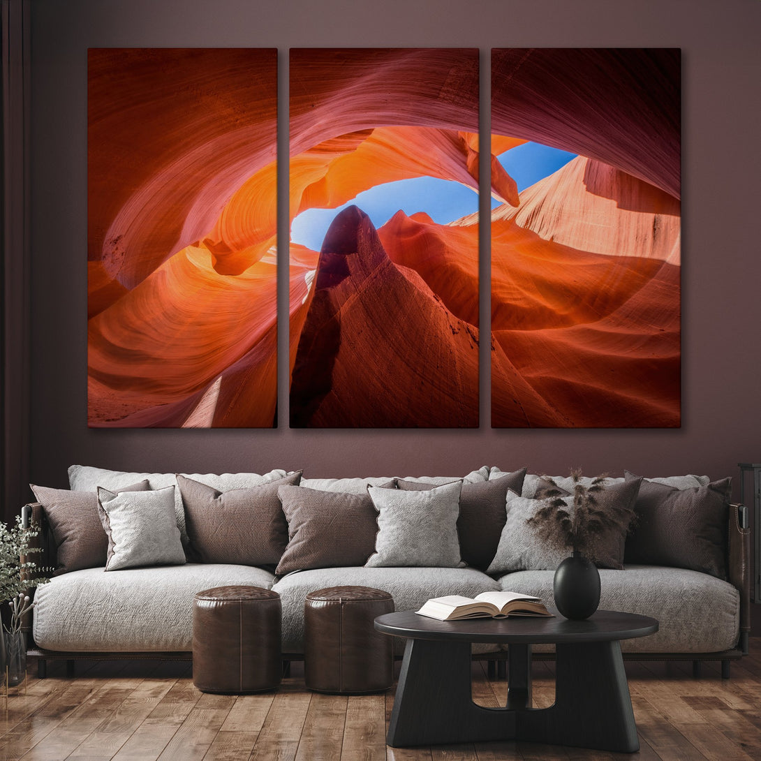 Stunning Canvas Print of Antelope Canyon. Warm orange & red hues create a dramatic landscape. Perfect for modern home decor. Bring nature's beauty indoors!